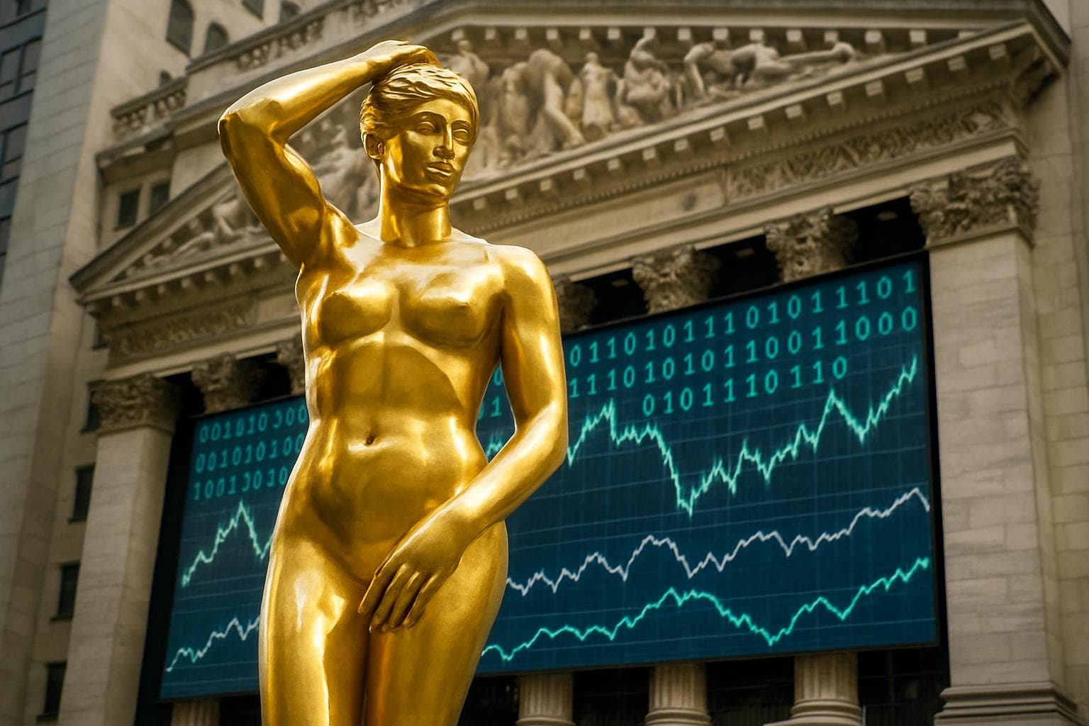 Imagem de destaque: Estátua de Satoshi Nakamoto chega à Bolsa de Nova York e reforça avanço das criptomoedas